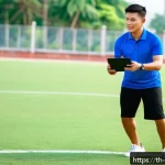 스포츠지도사 실기시험 합격률 분석 - A professional sports coach conducting a dynamic training session outdoors in a Thai local sports fi...